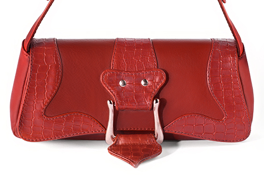 Scarlet red women's dress handbag, matching pumps and belts. Profile view - Florence KOOIJMAN